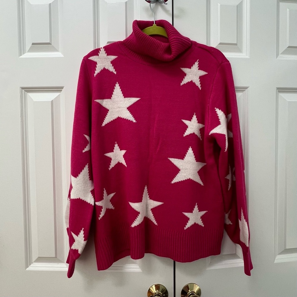 Zenana Outfitters Hot Pink Star Turtleneck Sweater
